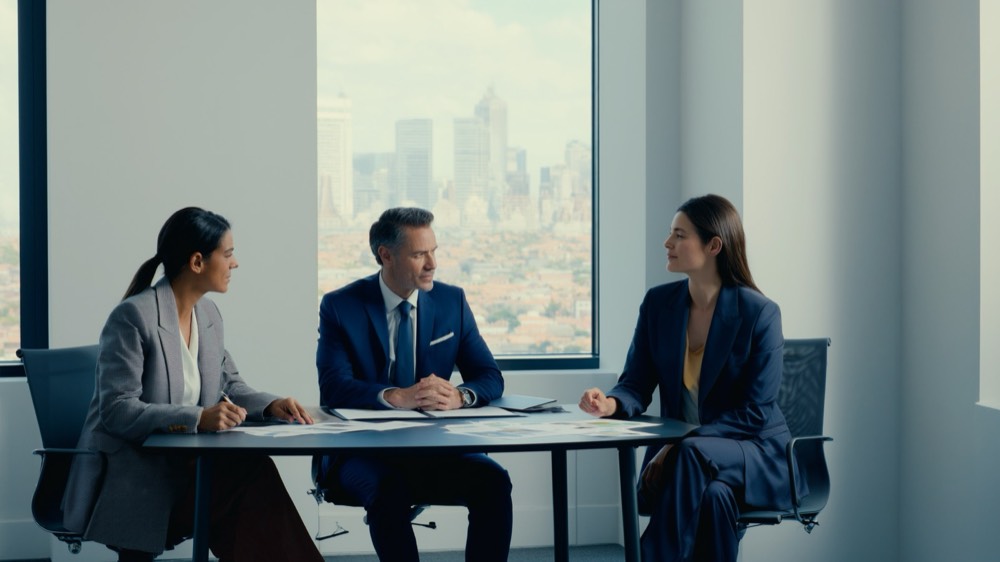 Real estate agency principal looking out of an office window over a city