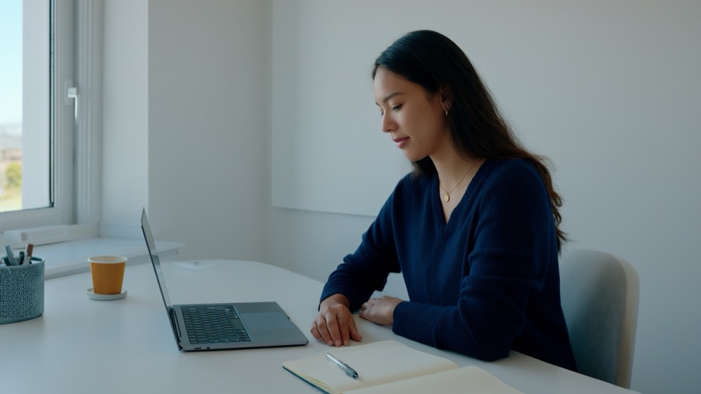 Student working through an online real estate course at home on a laptop
