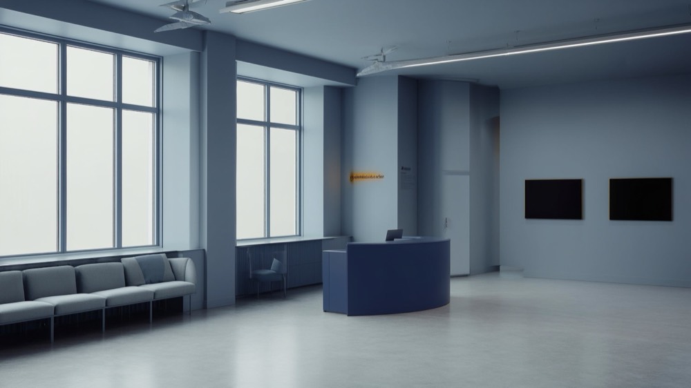 Reception area of an accredited real estate training centre with branded signage