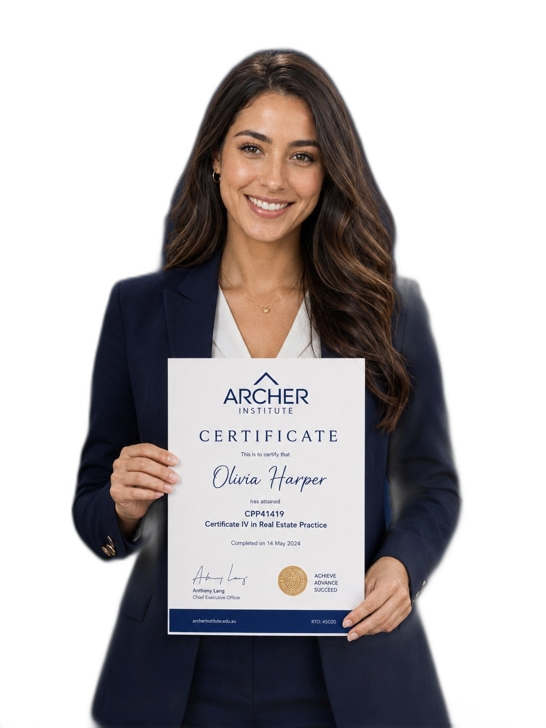 Archer Institute graduate holding certificate